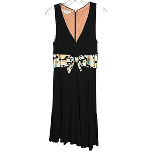 Vintage Kay Unger Sleeveless Black Midi Dress w/ Colorful Waist Sash, Size 10